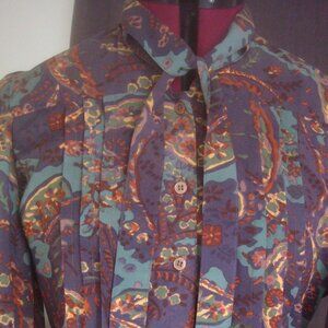 Vintage 70s Pleated Paisley Witchy Victorian Tie Bow Blouse